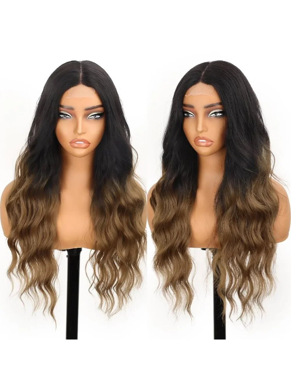 Women's Black Brown Lace Hairline 26 Inch Synthetic Heat Resistant Wavy Wigs